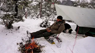 Winter Camping in a SNOW storm - Ultra light tarp