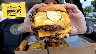 MUKBANG EATING EASY STREET SAUCY CHEESEBURGERS, LOADED AND CHEESY WILD FRIES, BANANA DONUT