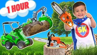 Super Krew compilation with kids toy truck, lawn mower, chainsaw, garbage truck, excavator, tractor