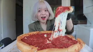 mukbangers consuming Chicago-style pizza