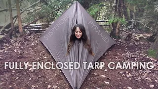 Fully Enclosed Tarp Camping • Pyramid Configuration + Sausage on Fire