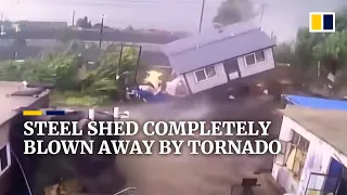 Steel shed completely blown away by tornado in China