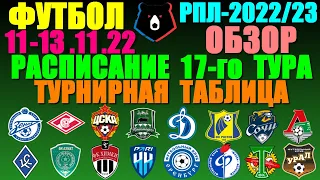 Футбол: Российская Премьер лига-2022/2023. Расписание 17-го тура 11 - 13.11.22. Турнирная таблица