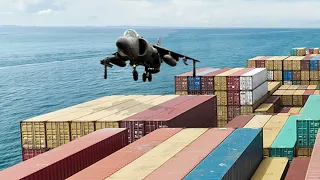 Lost Harrier Jet Makes Emergency Landing on a Civilian Cargo Ship