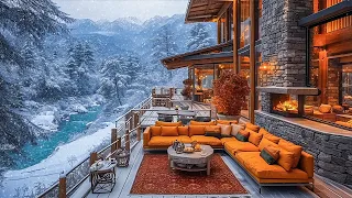 Cozy Winter Porch Ambience Riverside with Jazz Relaxing Music ❄ Contemplate the Snow Fall Gently