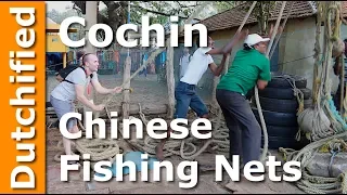 Foreigner tries Chinese Fishing Nets in Kochi Kerala