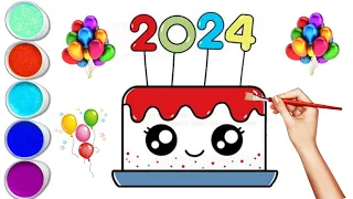 How to Draw a New Year Cake 2024 | Drawing, Painting and Coloring for Kids, Toddlers