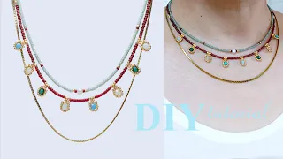 【DIY】How to make three-strand necklace*Beading tutorial*BeadJewellery ビースの三連のネックレスの作り方*三链民族风串珠项链制作方法