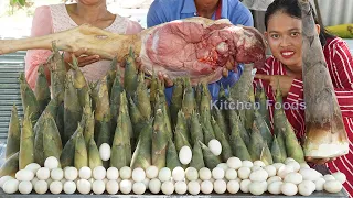 Cooking Cow's Thigh & 100 Eggs with Bamboo Shoot Recipe in Village - Donation with Kitchen Foods