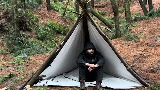 SOLO WINTER CAMPING RAINSTORM OVERNIGHT | RELAXING in HOT cozy SHELTER | ASMR