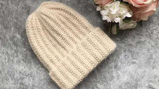 ВЯЖЕМ ЖЕНСКУЮ ШАПКУ С ОТВОРОТОМ ФРАНЦУЗСКОЙ РЕЗИНКОЙ! KNITTED HAT