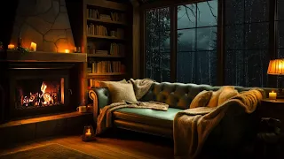 Relaxing Instrumental Jazz in Cozy Ambience | Fireplace Burning, Rain with Mist, for Calm, Study💤