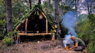 Building a Primitive Survival Shelter in the Desolate Forest - Camping in the Rain