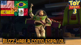 Buzz habla como español | Toy Story 3 Comparación de doblajes| Ingles - Brasil - Castellano - Latino