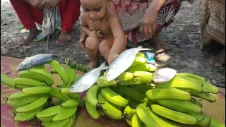 Green  Banana Peel & Hilsa Fish Mashed / Cooking By Women / Most Tasty Rare Village Food Recipe