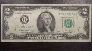 Обзор банкнота ФРС США, 2 доллара, 1976 год, Томас Джефферсон, картина Трамбулла Подписание Декларац