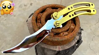 Turning a Rusty Bearing into a Beautiful but Razor Sharp BUTTERFLY KNIFE ( crazy hard )