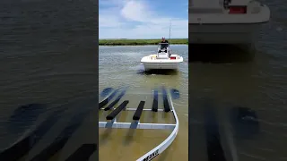 putting our new Mako 17 pro skiff on the trailer without guides. (I got some guides the next day)