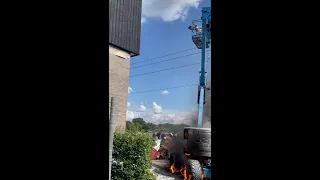 WATCH: Man jumps to safety as flames engulf cherry picker
