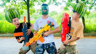 Battle Nerf War: Watermelon Salesman & Blue Police Nerf Guns Robbers Group MONEY BATTLE