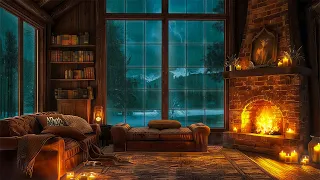 Rainy Night in Cozy Cabin with Warm Fireplace and Gentle Rain on a Mountain to Relax, Study & Sleep