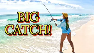 GIRL catches MONSTER while SURF FISHING!