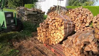 Brennholz sägen, Trommelsäge, Vogesenblitz, Quatromat, Fendt 108S,  langes Förderband