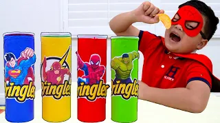 Alex and Eric Pretend Play with Magic Superhero Chips | Kids Food Toys Transforms into Superheroes