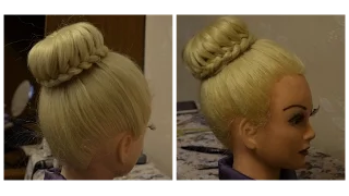 Hairstyle with a roller "bagel" on long hair.