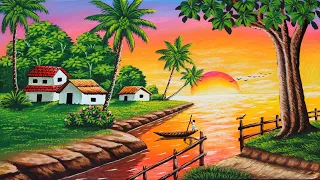 Sunset village scenery drawing painting | painting 480