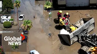 Tropical storm Hilary: Drone footage shows people rescued by bulldozers, flood damage in California