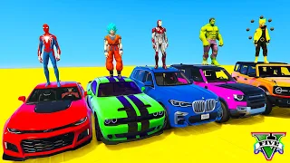 SPIDERMAN CARS Racing Mega RIVER Ramp Challenge ! SUPERHEROES HULK Epic Stunt JET SKI Motos - GTA 5