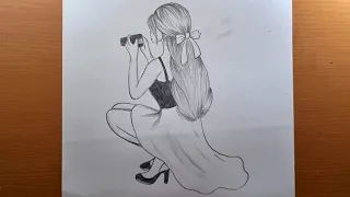 Como desenhar uma garota sentada com câmera 📸 || esboço a lápis 2024 || Desenho de menina