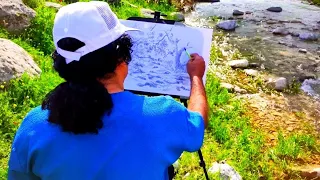 Landscape drawing of live model in nature☘️Enjoy drawing live scenery with the sound of water