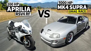 1000hp Toyota Supra Turbo vs Aprilia RSV4 RF Superbike Drag Race // THIS vs THAT