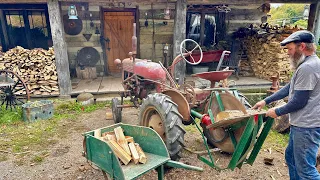 1949 Farmall cub with PTO driven ￼buzzsaw making kindling wood at the cabin ￼