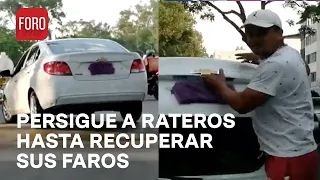 Persigue a rateros que se llevaron sus faros y logra recuperarlos; conductor lo grabó todo