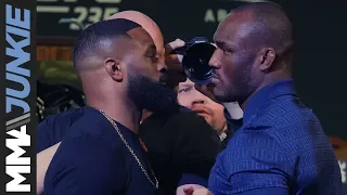 Champ Tyron Woodley, Kamaru Usman get heated at UFC 235 press conference