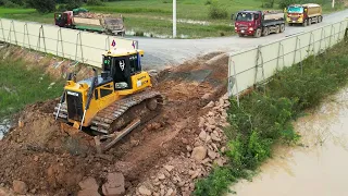 Operator Specializing Bulldozer Pushing Cut off Leveling The Ground Building New Road Near Canal