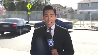 News report about dangerous LA intersection interrupted by car crash