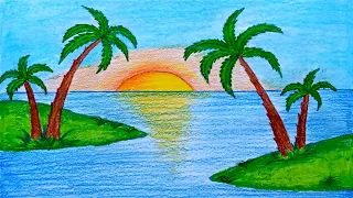 How to draw Island | easy Island drawing | Island scenery drawing with pencil colour | step by step