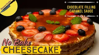 No Bake Cheesecake Recipe (without gelatin) | No bake Chocolate & Caramel Cheesecake | Honest Cooks