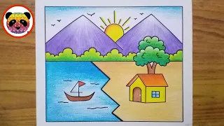 Scenery Drawing / Simple Landscape Scenery Drawing / How to Draw Beautiful Landscape Scenery