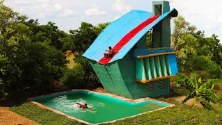 Technique Update Water Slide On The Roof Villa House & Build Modern Swimming Pool By Ancient Skills