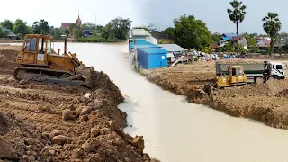 Update Project Land Filling Up 2 Bulldozer CAT D3K & KOMATSU D41P Pushing Clearing Dirt Into Water