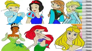 Disney Princess Coloring Book Compilation Elsa Ariel Cinderella Tiana Snow White Aurora Anna Belle