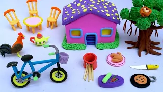 DIY How to make polymer clay miniature house, kitchen set, tree,charpai, plants, | Village House