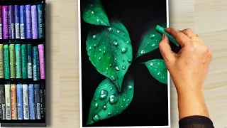 Tricks To Draw Realistic LEAVES & WATER DROPLETS  🍃 ( step by step) Tutorial - Oil Pastel Drawing