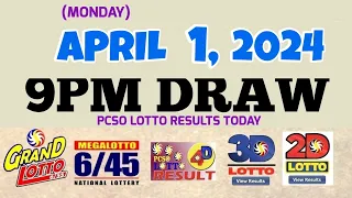 Lotto Result Today 9pm draw April 1, 2024 6/55 6/45 4D Swertres Ez2 PCSO#lotto