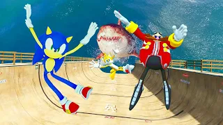 GTA 5 Sonic,Tails Vs Eggman, Knuckles Water Ragdolls & Jumps Fails ep.15 (Euphoria Physics)